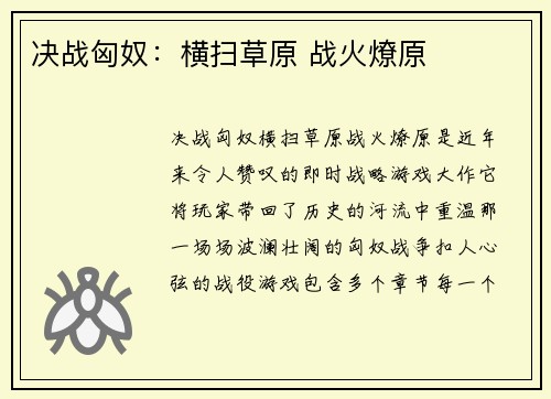 决战匈奴：横扫草原 战火燎原